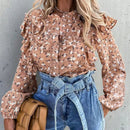 Camisa larga de mujer con botones y manga larga con pliegues, ribete de encaje y diseno floral en toda la prenda. Casual y perfecta para vacaciones.