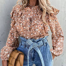Camisa larga de mujer con botones y manga larga con pliegues, ribete de encaje y diseno floral en toda la prenda. Casual y perfecta para vacaciones.