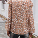 Camisa larga de mujer con botones y manga larga con pliegues, ribete de encaje y diseno floral en toda la prenda. Casual y perfecta para vacaciones.