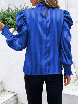 Camisa elegante de saten con rayas, plisada, manga gigot, cuello alto para mujer, primavera y otono