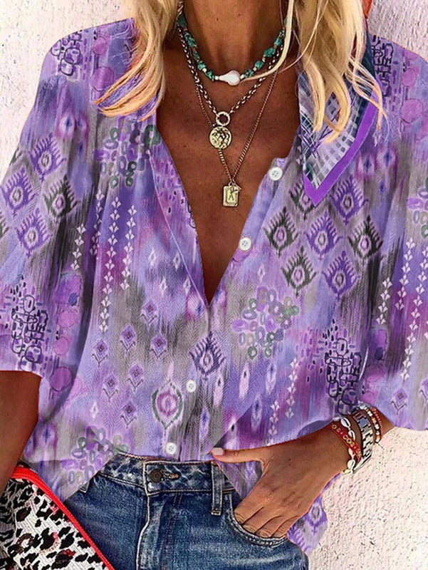 Camisa casual retro con estampado aleatorio para vacaciones