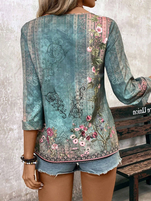 Camisa floreada de corte holgado para mujer con cuello redondo y mangas 3/4, ideal para vacaciones de primavera/verano