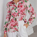 Camisa casual con botones de manga larga con estampado floral al azar