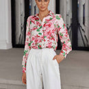 Camisa casual con botones de manga larga con estampado floral al azar