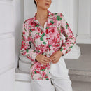 Camisa casual con botones de manga larga con estampado floral al azar