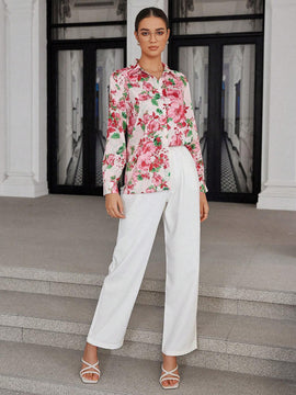 Camisa casual con botones de manga larga con estampado floral al azar