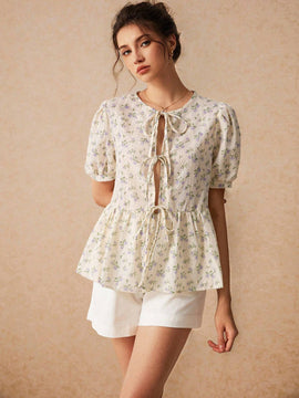 Camisa casual de manga corta con cuello redondo para mujer con estampado de flores, dobladillo con volantes y delantera atada, estilo 'Bridgerton' para verano