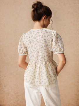 Camisa casual de manga corta con cuello redondo para mujer con estampado de flores, dobladillo con volantes y delantera atada, estilo 'Bridgerton' para verano