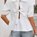 Frenchy Camisa de mujer estilo frances con cuello redondo y lazos, en unicolor