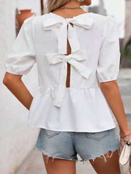 Frenchy Camisa de mujer estilo frances con cuello redondo y lazos, en unicolor
