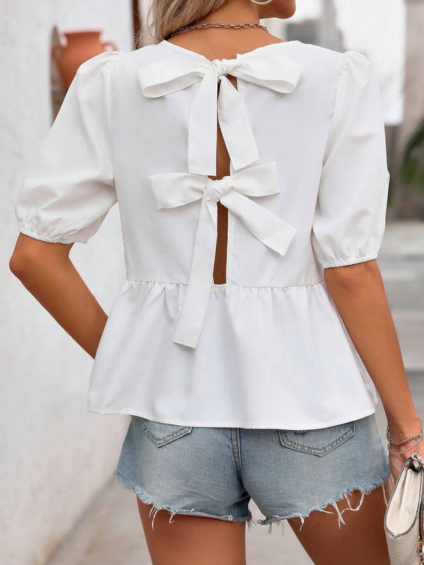 Frenchy Camisa de mujer estilo frances con cuello redondo y lazos, en unicolor