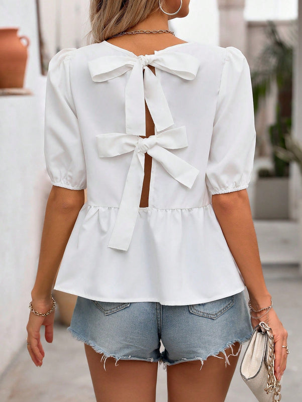Frenchy Camisa de mujer estilo frances con cuello redondo y lazos, en unicolor
