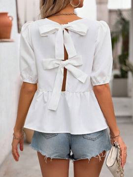 Frenchy Camisa de mujer estilo frances con cuello redondo y lazos, en unicolor