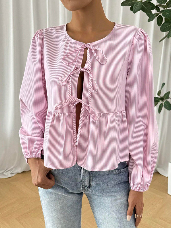 Camisa de mujer de manga larga y cuello redondo con nudo en la cintura y rayas