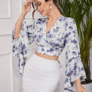 Blusa de cuello en V e impresion aleatoria para mujer, holgada y con punos sueltos para uso diario