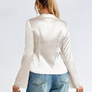 Camisa de saten de manga larga y cuello en V para mujer con cinturon, comoda y elegante, de moda y encantadora