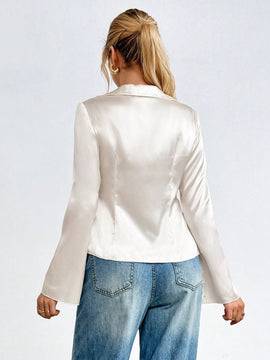 Camisa de saten de manga larga y cuello en V para mujer con cinturon, comoda y elegante, de moda y encantadora
