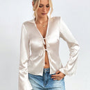 Camisa de saten de manga larga y cuello en V para mujer con cinturon, comoda y elegante, de moda y encantadora