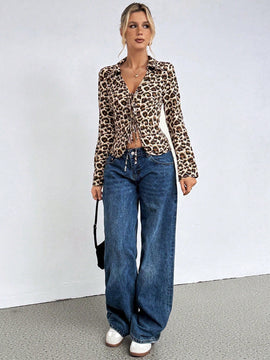 Camisa de manga larga con estampado de leopardo y lazo para mujer con estilo europeo y americano