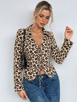 Camisa de manga larga con estampado de leopardo y lazo para mujer con estilo europeo y americano