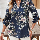 EMERY ROSE Blusa floja de vacaciones para mujer con cuello en V con muescas, punos enrollados y estampado floral