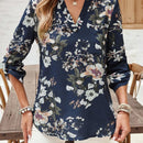 EMERY ROSE Blusa floja de vacaciones para mujer con cuello en V con muescas, punos enrollados y estampado floral