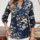 EMERY ROSE Blusa floja de vacaciones para mujer con cuello en V con muescas, punos enrollados y estampado floral