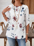 EMERY ROSE Camisa casual de mujer con estampado floral, cuello redondo y mangas enrolladas