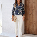 EMERY ROSE Blusa floja de vacaciones para mujer con cuello en V con muescas, punos enrollados y estampado floral