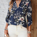 EMERY ROSE Blusa floja de vacaciones para mujer con cuello en V con muescas, punos enrollados y estampado floral