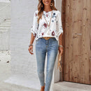 EMERY ROSE Camisa casual de mujer con estampado floral, cuello redondo y mangas enrolladas