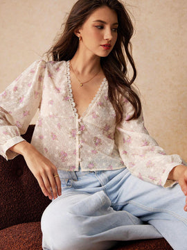 Camisa con cuello en V para mujer con encaje en el borde y botones, mangas largas, estampado floral, elegante y encantadora