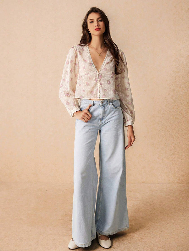 Camisa con cuello en V para mujer con encaje en el borde y botones, mangas largas, estampado floral, elegante y encantadora