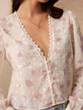 Camisa con cuello en V para mujer con encaje en el borde y botones, mangas largas, estampado floral, elegante y encantadora