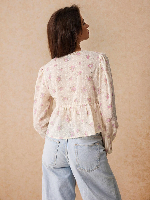 Camisa con cuello en V para mujer con encaje en el borde y botones, mangas largas, estampado floral, elegante y encantadora