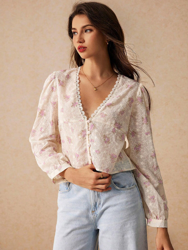 Camisa con cuello en V para mujer con encaje en el borde y botones, mangas largas, estampado floral, elegante y encantadora