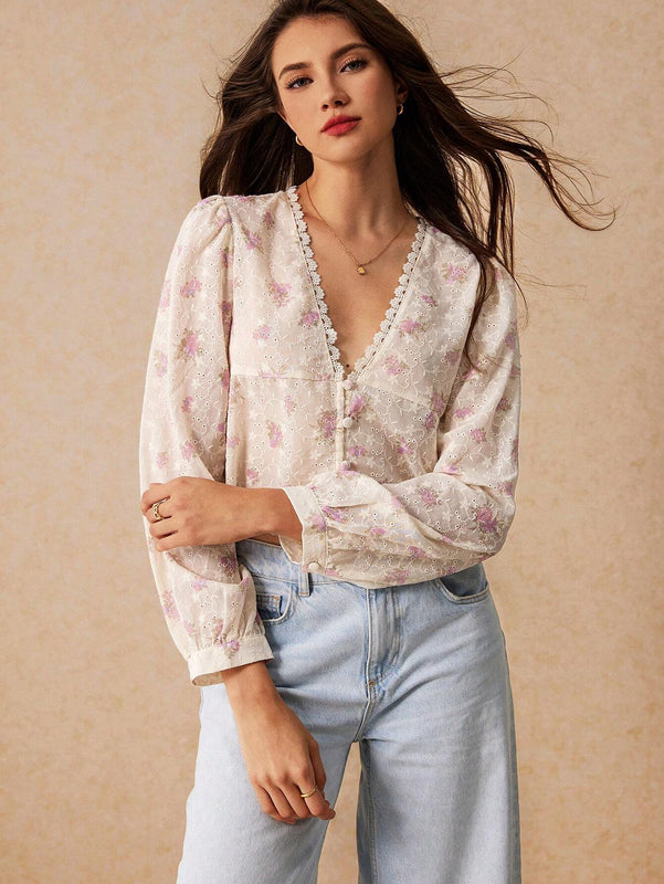 Camisa con cuello en V para mujer con encaje en el borde y botones, mangas largas, estampado floral, elegante y encantadora