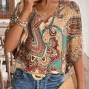 Camisa de vacaciones casual de cuello en V con estampado completo para mujer
