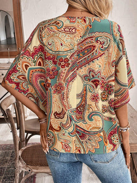 Camisa de vacaciones casual de cuello en V con estampado completo para mujer