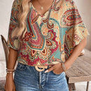Camisa de vacaciones casual de cuello en V con estampado completo para mujer