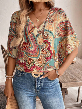 Camisa de vacaciones casual de cuello en V con estampado completo para mujer