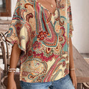 Camisa de vacaciones casual de cuello en V con estampado completo para mujer
