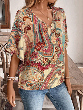 Camisa de vacaciones casual de cuello en V con estampado completo para mujer