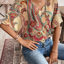 Camisa de vacaciones casual de cuello en V con estampado completo para mujer