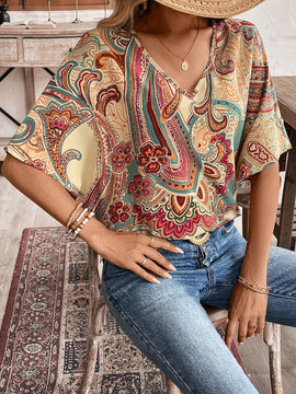 Camisa de vacaciones casual de cuello en V con estampado completo para mujer