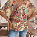 Camisa de vacaciones casual de cuello en V con estampado completo para mujer
