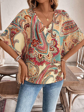 Camisa de vacaciones casual de cuello en V con estampado completo para mujer