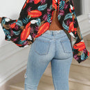 Camisa casual de cuello alto de manga globo con estampado de plantas tropicales para mujeres de vacaciones