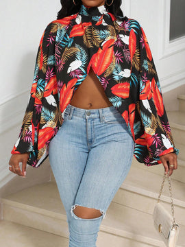 Camisa casual de cuello alto de manga globo con estampado de plantas tropicales para mujeres de vacaciones