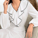 Camisa de manga de linterna de contraste elegante para mujeres con dobladillo de volantes, primavera/otono